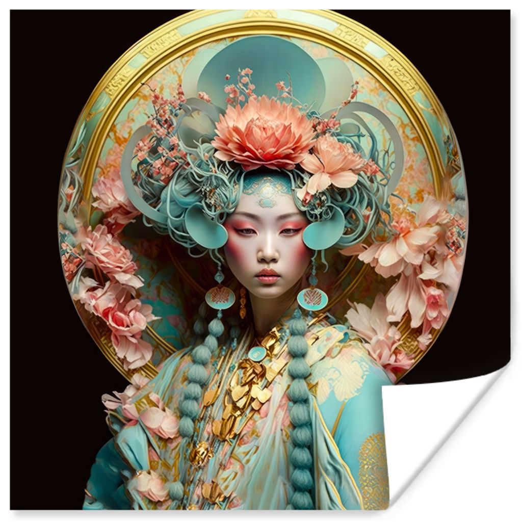 MuchoWow Poster Frau - Blumen - Rosa - Porträt - Asiatisch 50x50 cm - Wohnzimmerdekoration