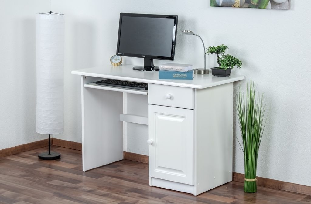 Schreibtisch Kiefer massiv Vollholz weiß lackiert 002 - Abmessung: 74 x 115 x 55 cm (H x B x T)