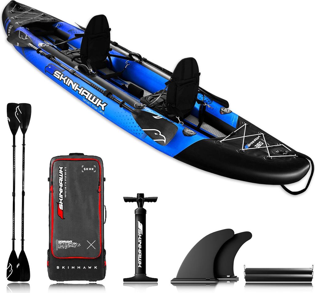 SKINHAWK 2ER EXCLUSIV KAJAK 380 x 96 CM BLAU – Set mit Alu-Paddel