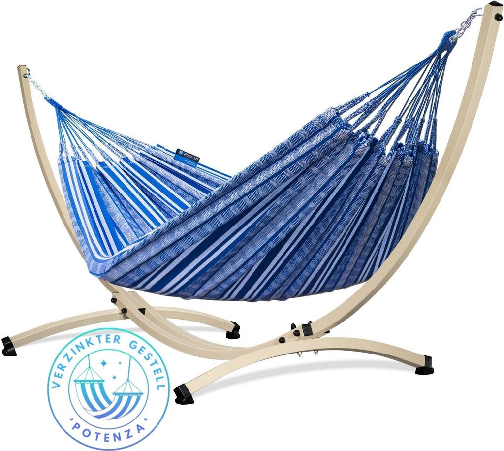 Potenza Outdoor Hängematte mit Verzinkter Gestell für 2 Personen I 100% Baumwolle Pereira Doppelhängematte 220x140 cm, 160kg I Ecru Hängematten...