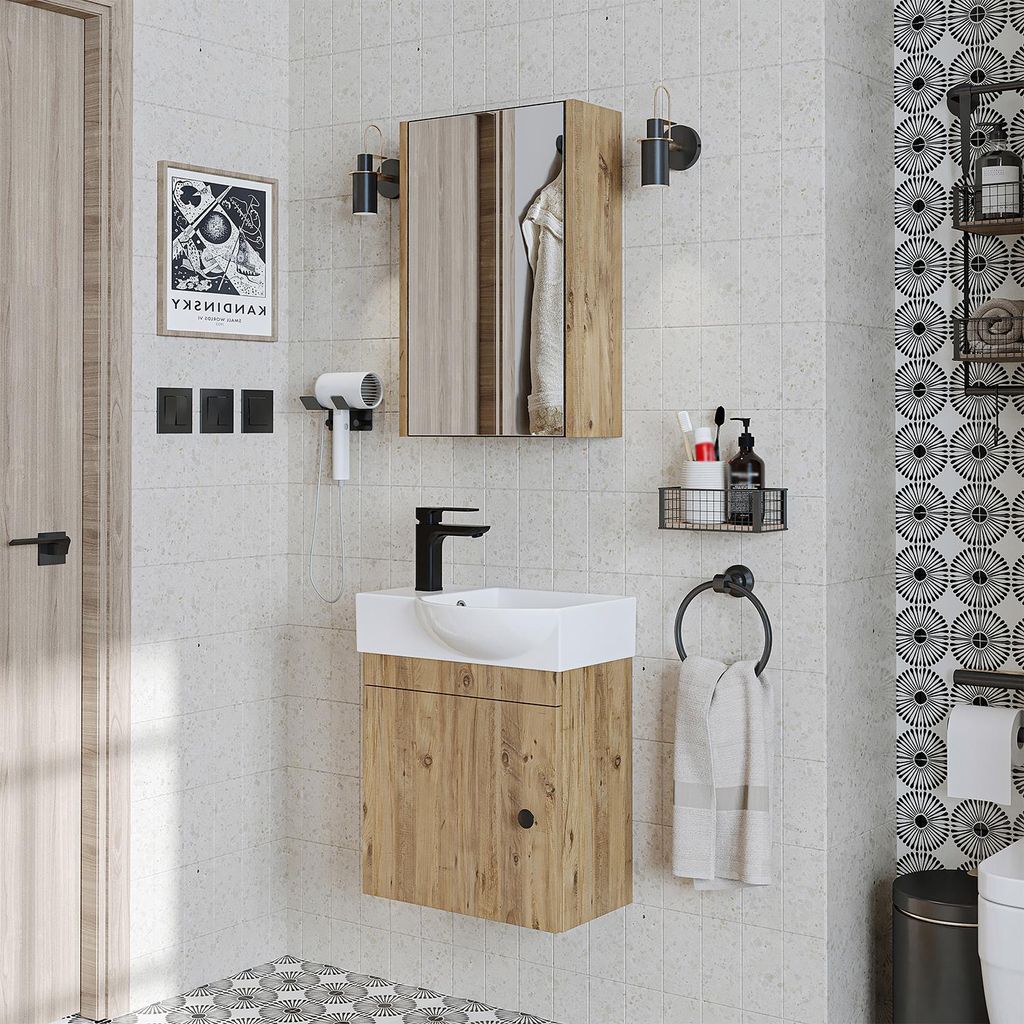 Roomart PUNTO Badmöbel Set– 3-teiliges Badezimmermöbel Set - Unterschrank, Waschbecken & Spiegelschrank - H 45 x B 24.5 x T 46.5 cm - Eiche