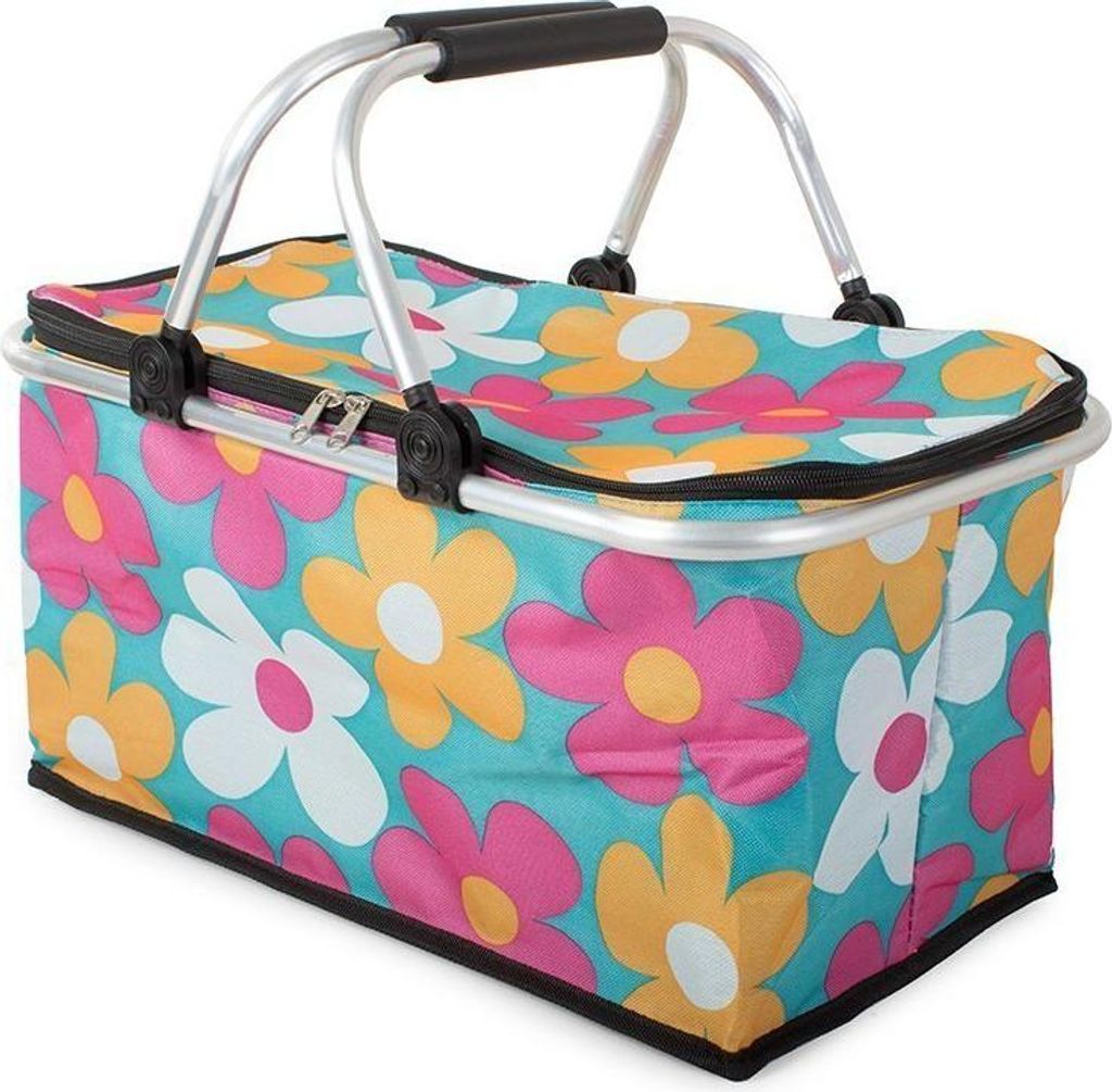 A floral picnic basket with a silver frame and handles.