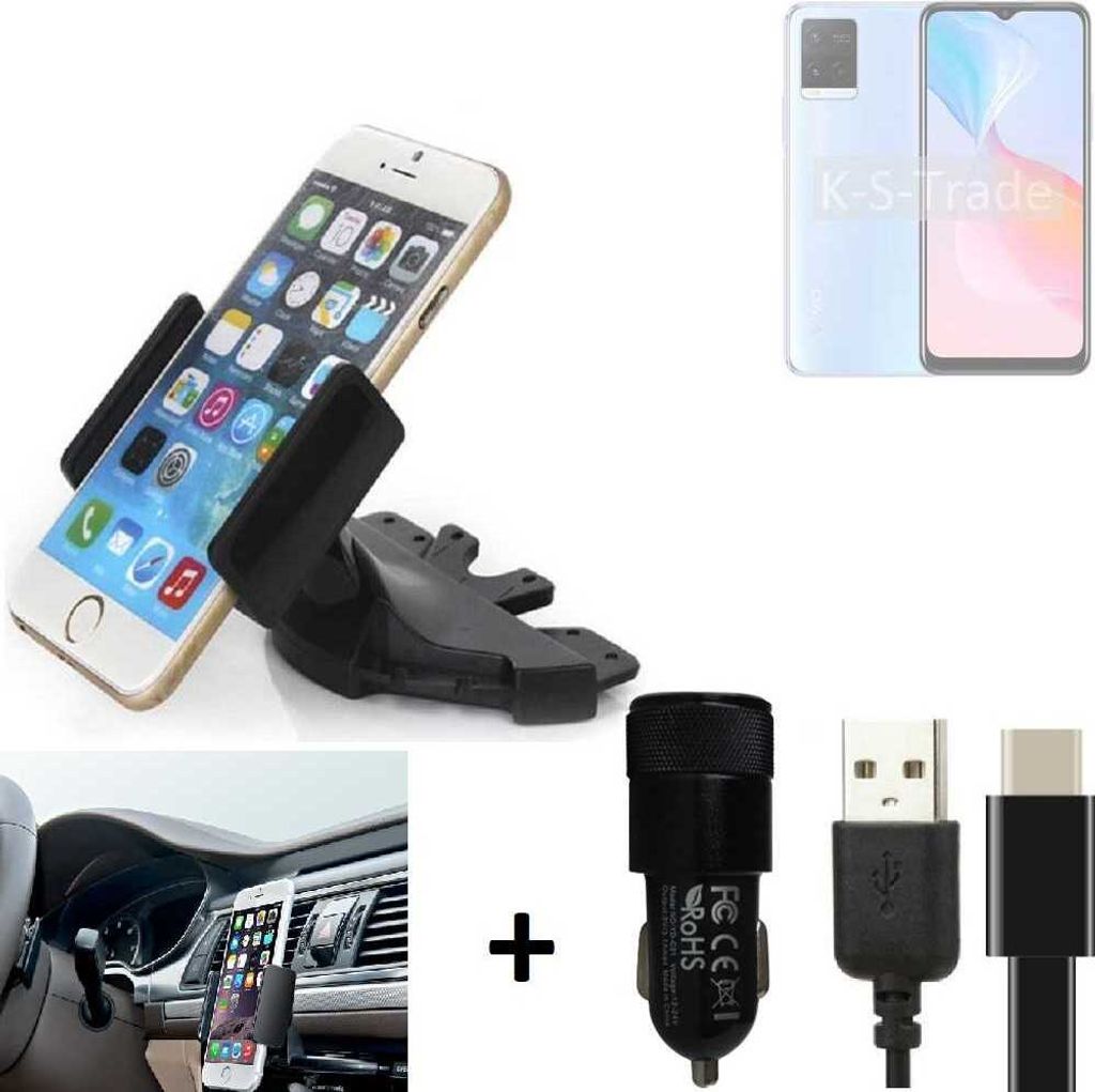 K-S-Trade CD Schlitz Handy-Halterung kompatibel mit Vivo Y21 Autohalterung KFZ-Halter Radio Handy Halterung 360° drehbar CD-Schacht inkl. USB-C