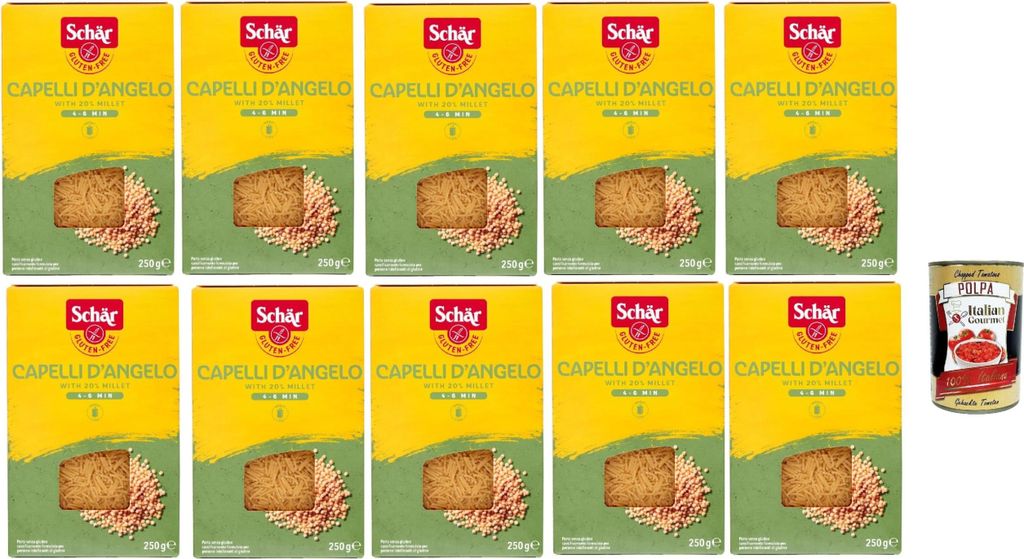 SCHÄR Senza Glutine Capelli d'angelo, Glutenfrei Pasta mit 20% Hirse, gluten free pasta, 10x 250g + Italian Gourmet polpa 400g