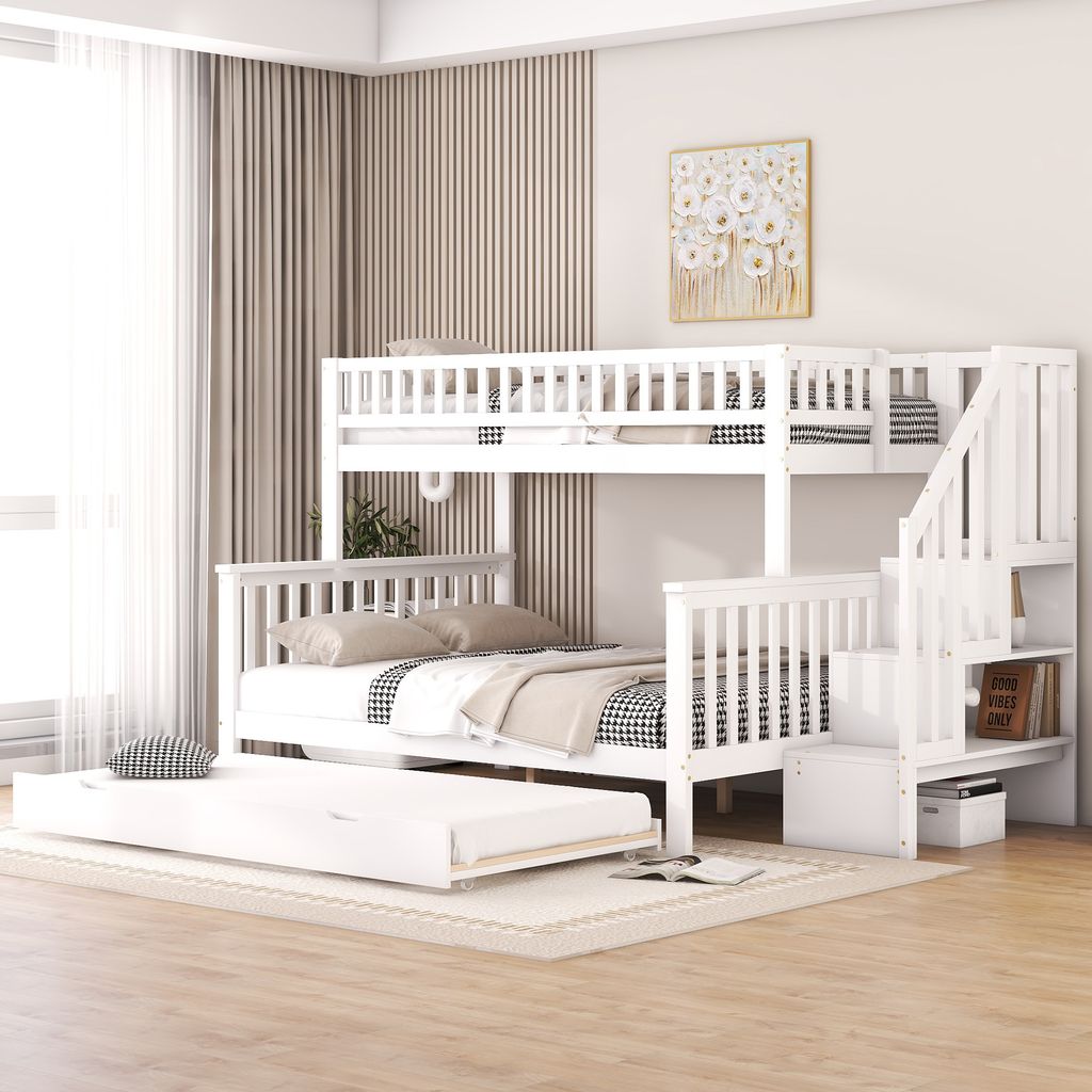 okwish Etagenbett, Heimbett für 3 Kinder, mit Ausziehbett und Treppe, geeignet für Kinder, Jugendliche, weiß, (Oberteil: 90 x 200 cm, 140 x 200 cm)