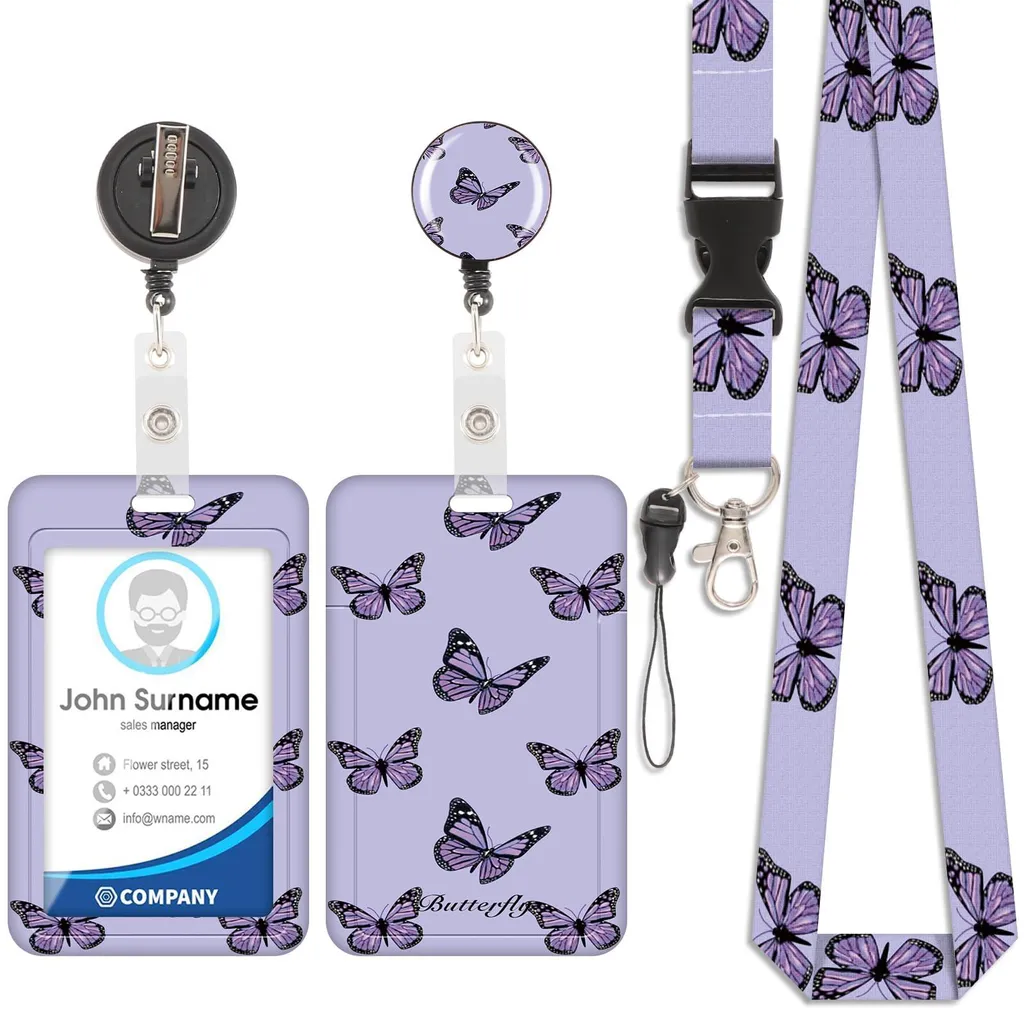 Porte-cartes d'identité à enrouleur robuste et motif papillon