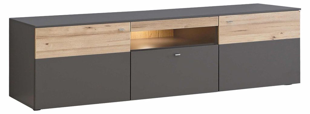 Lowboard COMO 210 cm Optik: Grau / Planked Eiche mit LED Beleuchtung