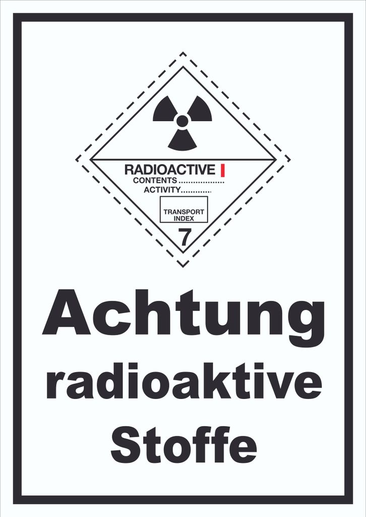 Schild radioaktive Stoffe Radioactive I-WEISS hochkant A6 Rückseite selbstklebend