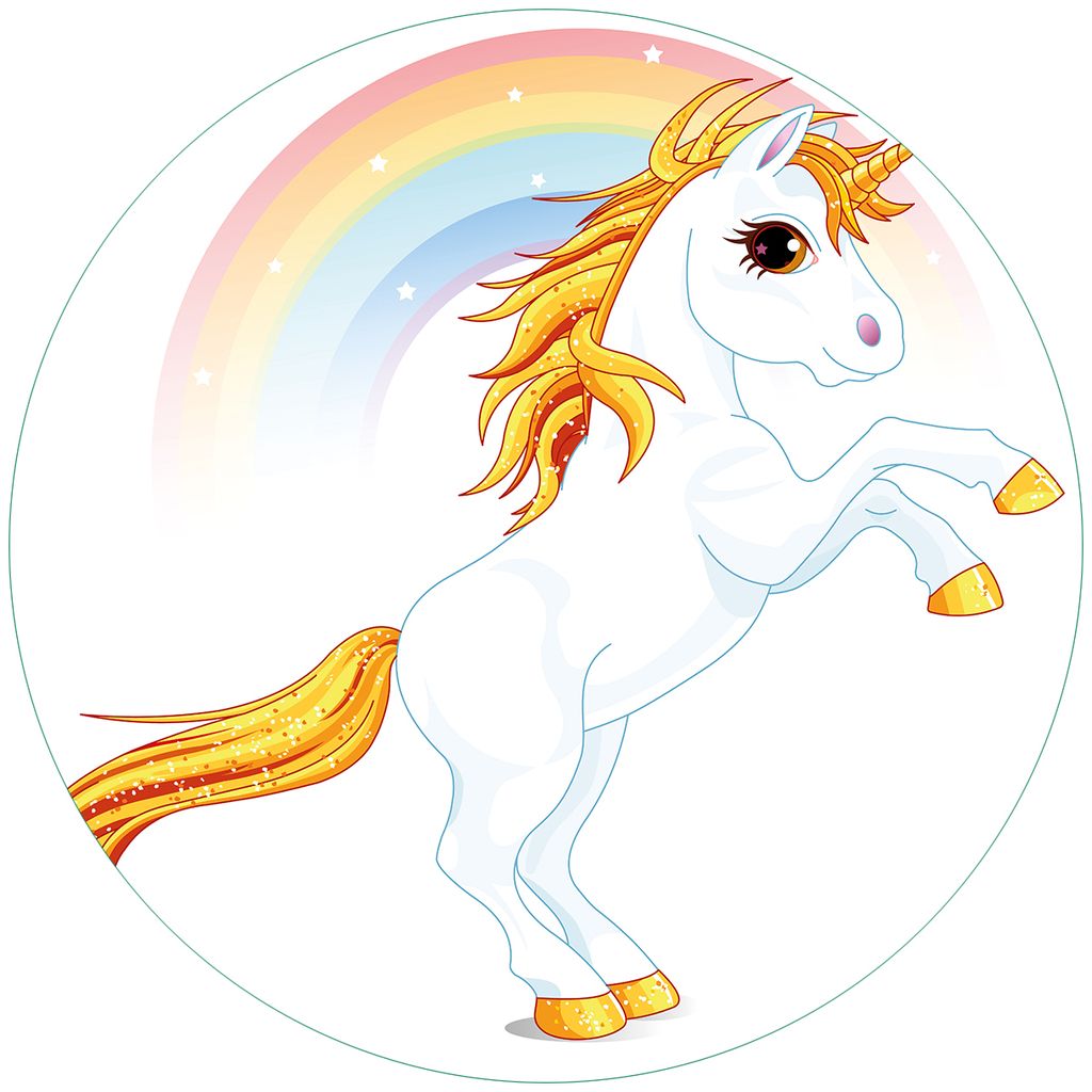 Wallario Premium Glasbild, freischwebende Optik, kräftige Farben, rund 50cm Durchmesser, Motiv Weißes Einhorn vor einem Regenbogen