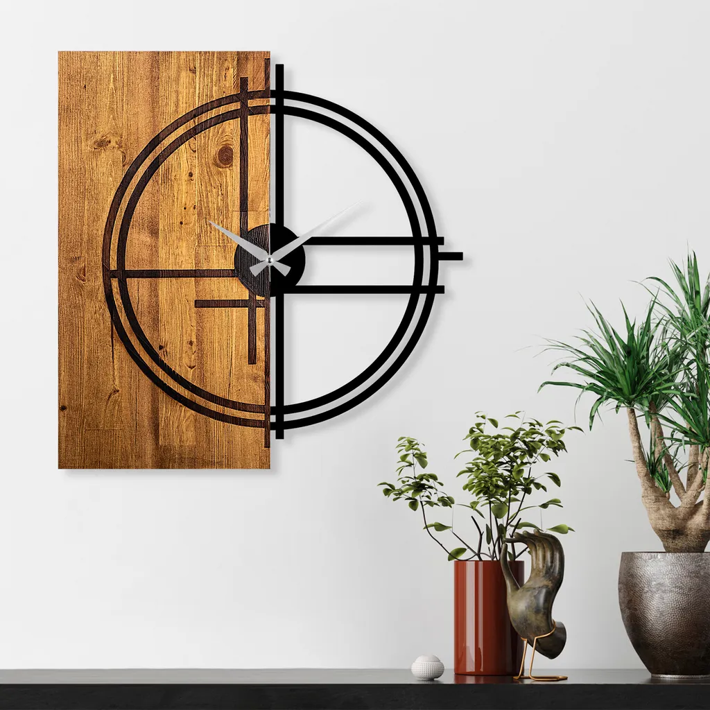 Horloge murale pour salon moderne en bois naturel et métal 56 x 58 cm
