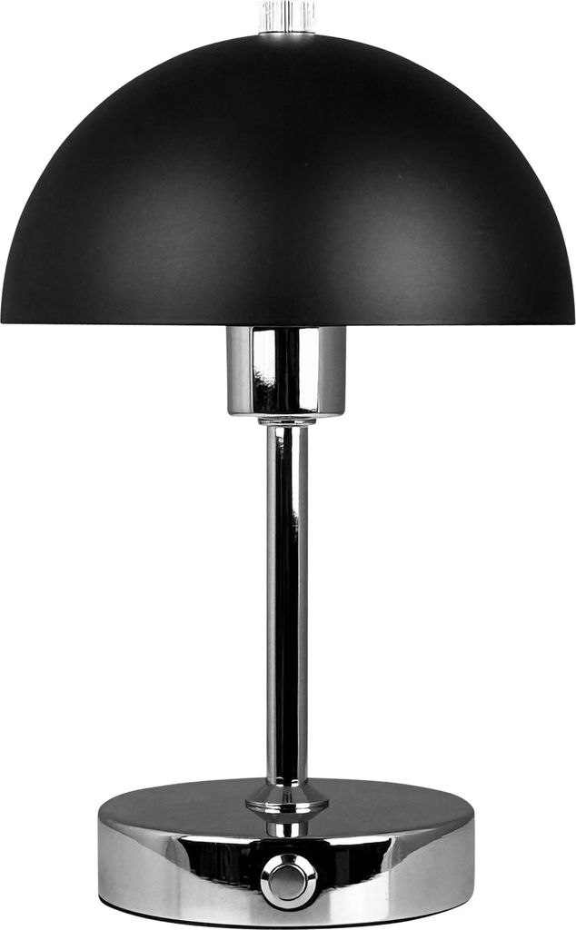 A black and chrome table lamp with a dome-shaped shade.