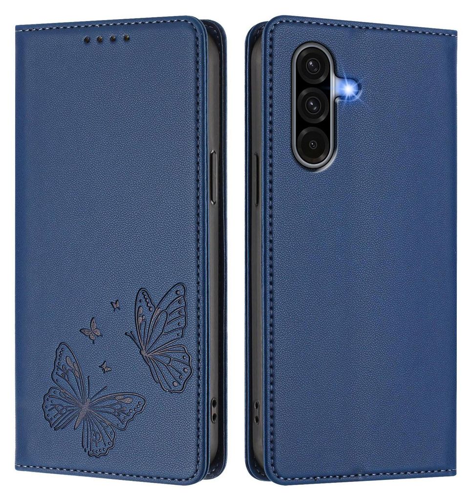 Lederhülle für Samsung Galaxy A36 5G, Schmetterling Prägung Leder Brieftasche Schutzhülle mit Ständer Dunkelblau