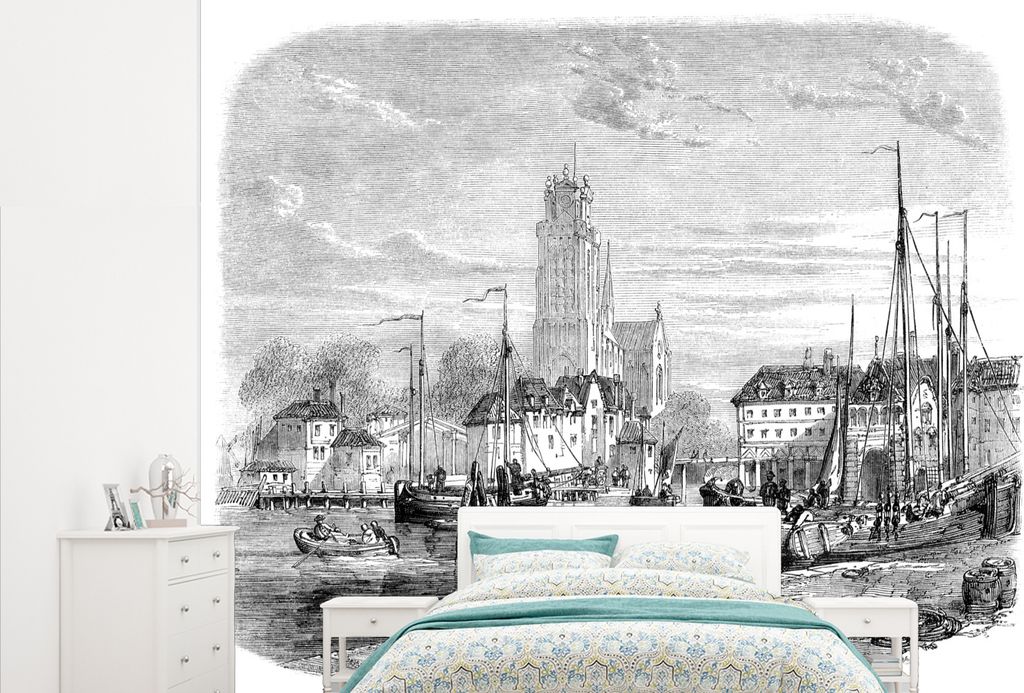 MuchoWow Fototapete für Wohnzimmer oder Schlafzimmer Wandtapete Vinyl Motivtapete Eine antike Schwarz-Weiß-Abbildung von Dordrecht - 315x260 cm...