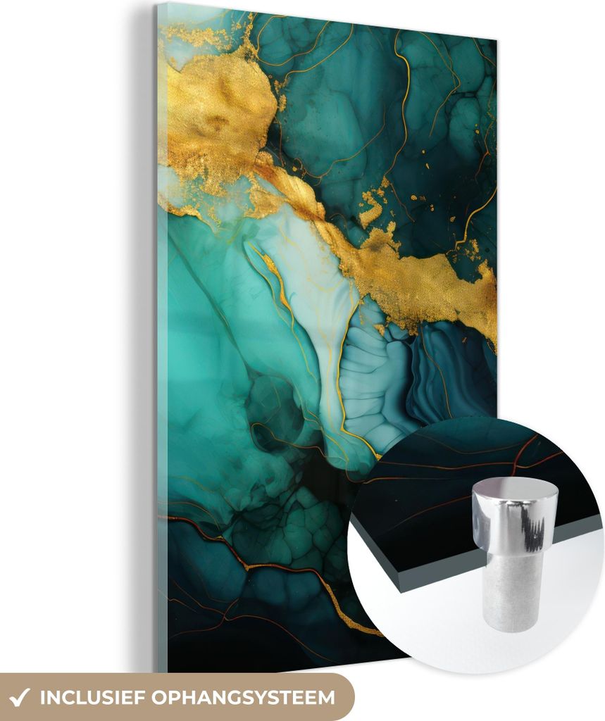 MuchoWow Glasbilder - Bilder auf Wandbild - Foto auf Glas Marmor - Gold - Blaugrün - Abstrakt - Türkis 80x120 cm Wanddekoration aus Glas - Acrylg...