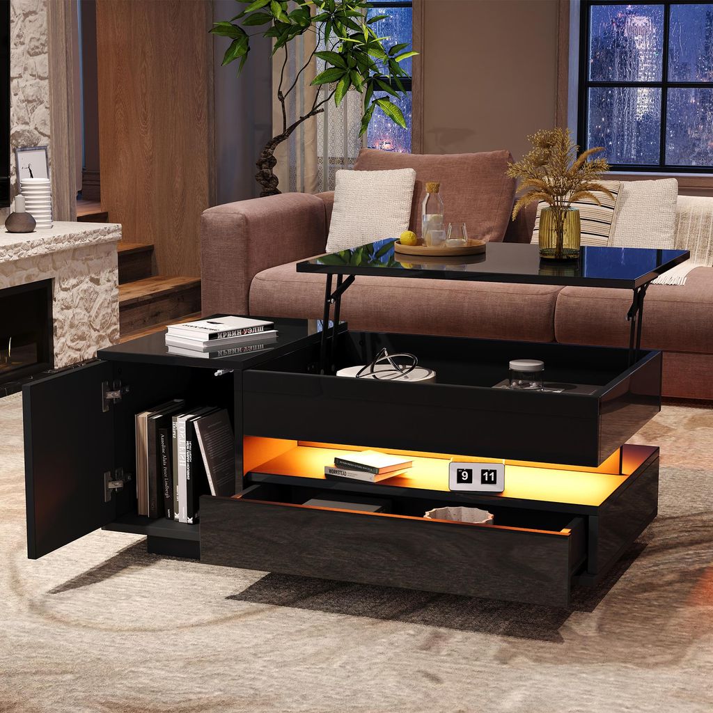 95*50*40cm anhebbarer Couchtisch, kaffeetisch mit 1 Schublade,1 Schrank,Sofatisch mit LED,eetisch mit verstecktem Stauraum,mit halboffenem Stauraum