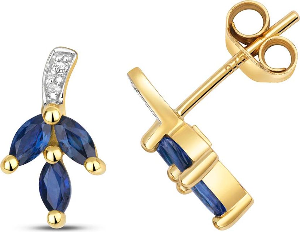 Funkelndes Feuer Schöne 9 Karat (375) Gold Diamant Paar Ohrstecker Brillant-Schliff H - PK mit Saphir - 11mm*6mm; TRS35551