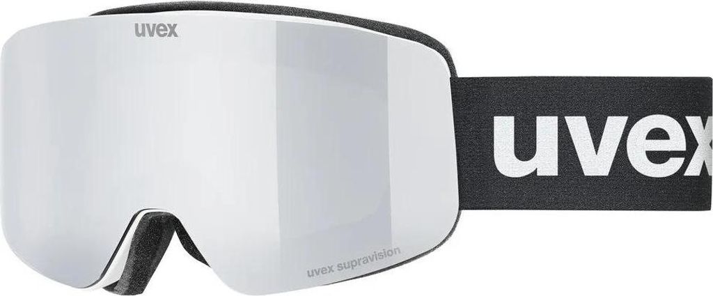 A pair of ski goggles on a white background.