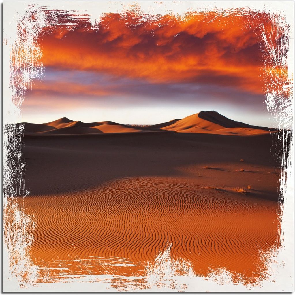 Kunstdrucke Wandbilder Holz in : Brillante Farben, Größe 50 x 50 cm Motiv Sahara Wüste II - Sanddünen im Sonnenuntergang