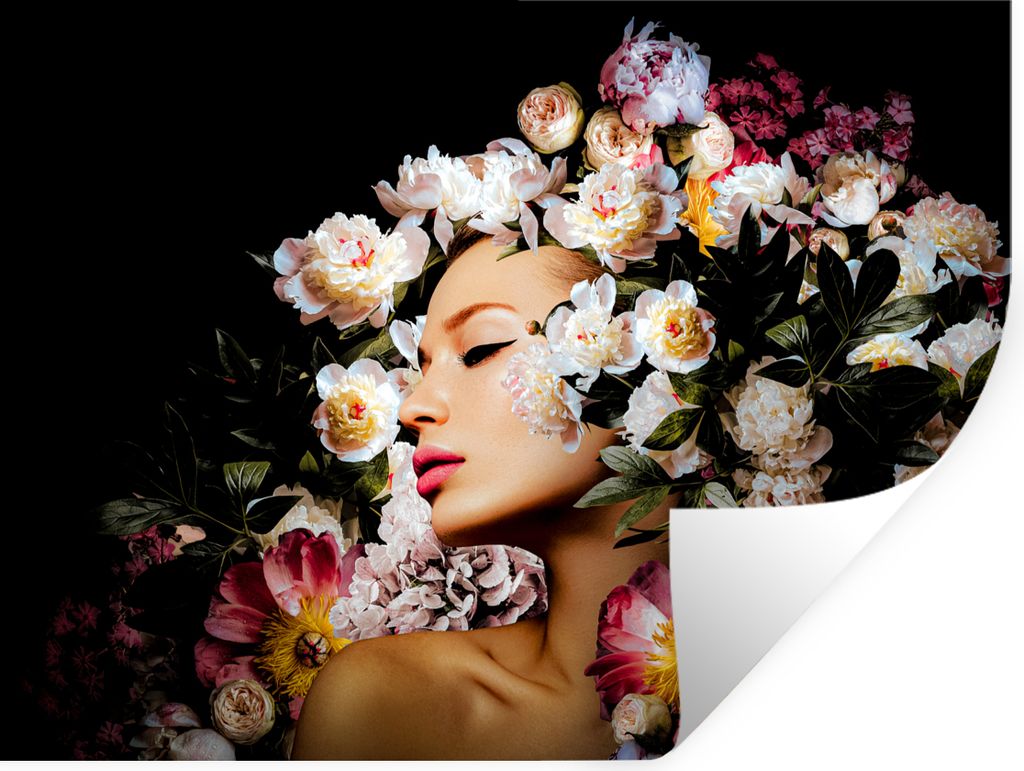 MuchoWow Wandtattoo Wandsticker Wandaufkleber Frauen - Blumen - Rosen - Porträt 80x60 cm Selbstklebend und Repositionierbar - Faltenfrei
