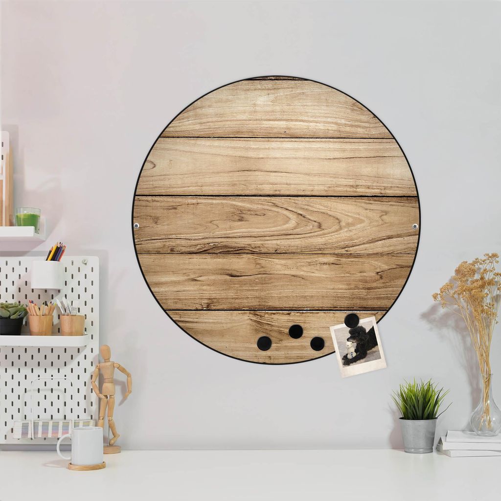 Design Stahlmagnettafel Schwarz Rund 47cm Holzplanken