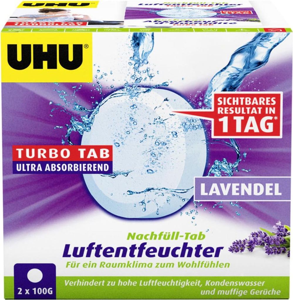 UHU Luftentfeuchter Ambiance Nachfülltabs, Bekämpft Feuchtigkeit und Schimmel in Wohnräumen, 2 x 100 g, mit Lavendelduft