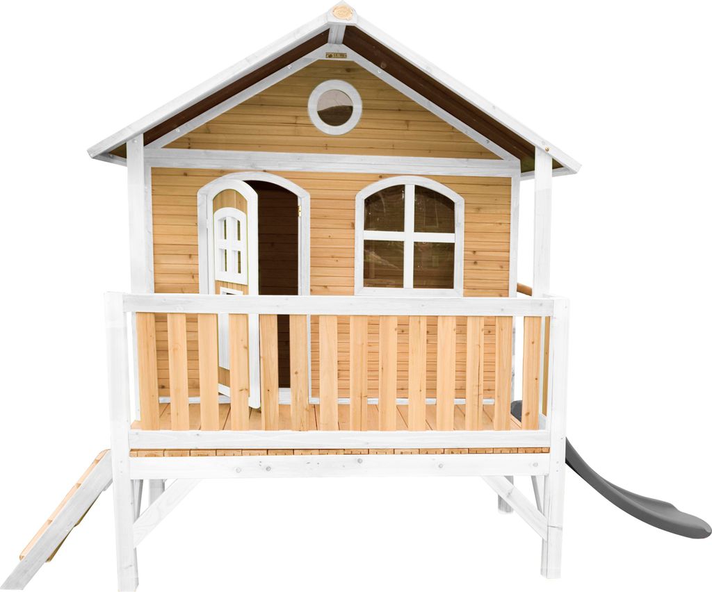 AXI Spielhaus Stef mit grauer Rutsche | Stelzenhaus in Braun & Weiß aus Holz für Kinder | Spielturm für den Garten
