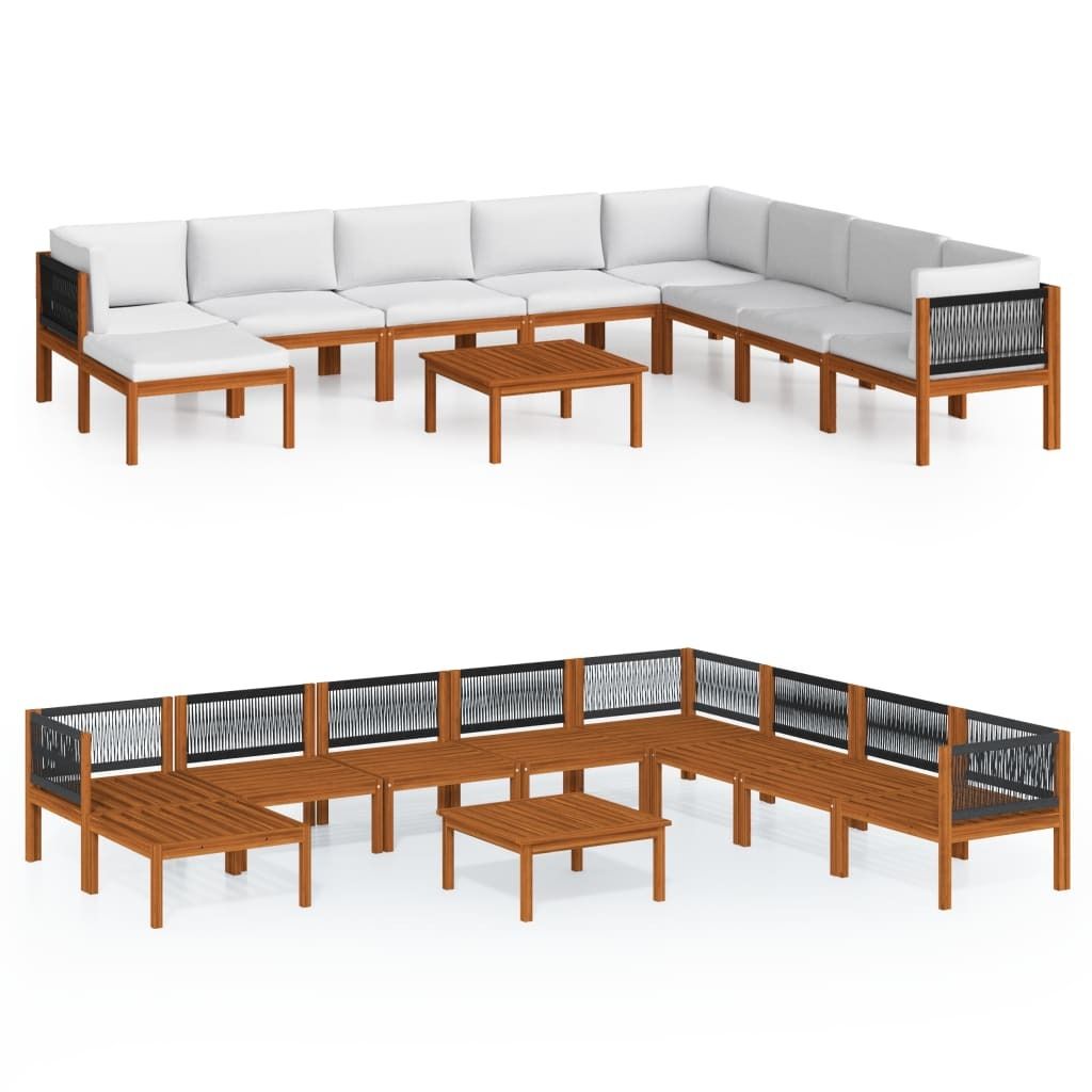 9-tlg. Garten-Lounge-Set mit Kissen Cremefarbenes Holz Akazie & Seil