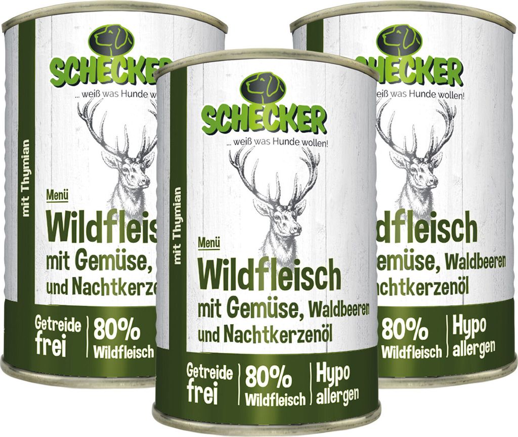 3 x 410 g - Schecker Hundemenü - reines Wild Muskelfeisch Gemüse Waldbeeren und Nachtkerzenöl
