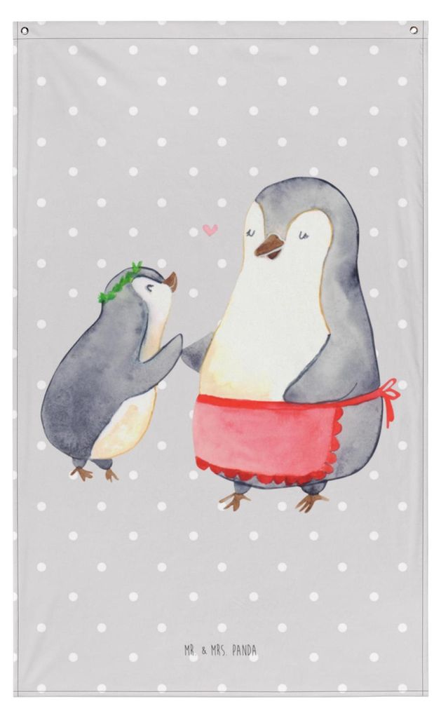 Mr. & Mrs. Panda Wandteppich Pinguin mit Kind - Grau Pastell - Geschenk, Muttertag, Mutter, Familie, Mama, Vorbild, Tapestry, Wandbild, Gobelin, H...