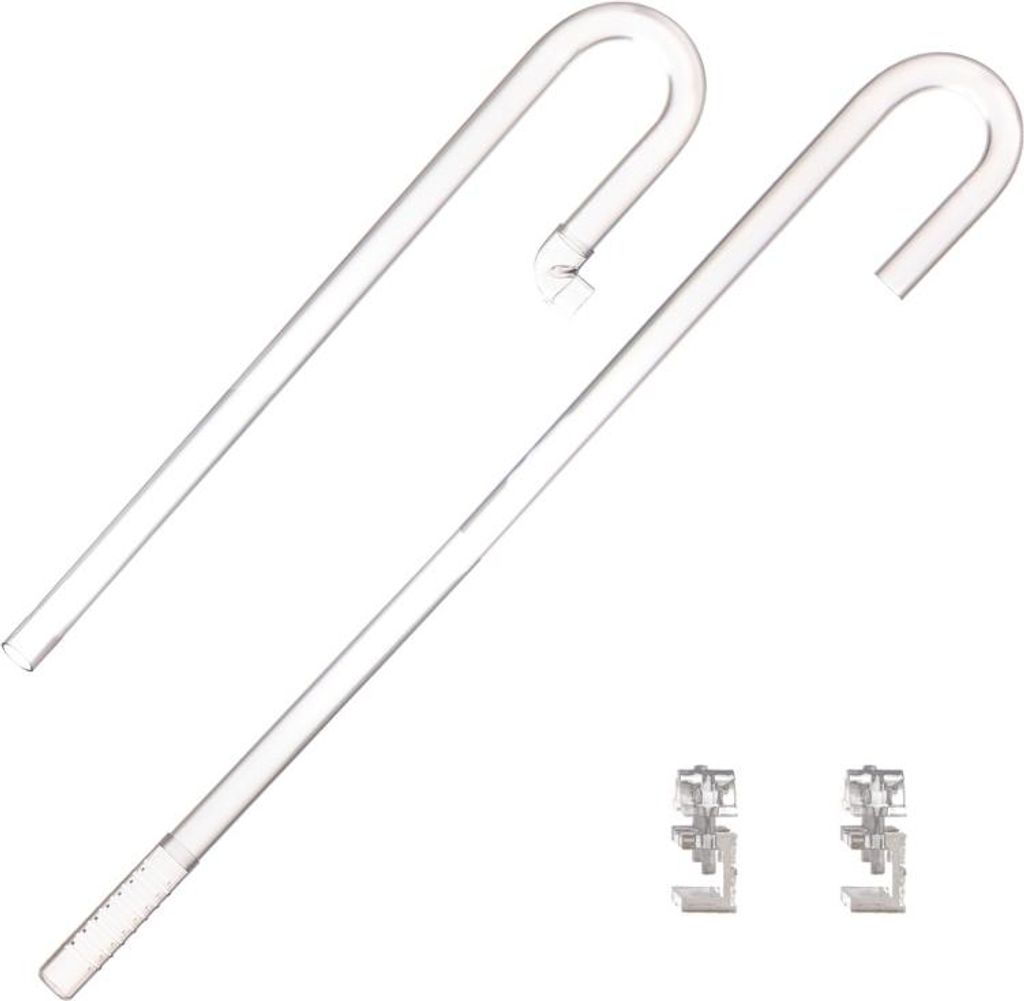 Two clear glass tubes and two small clear plastic clips on a white background.