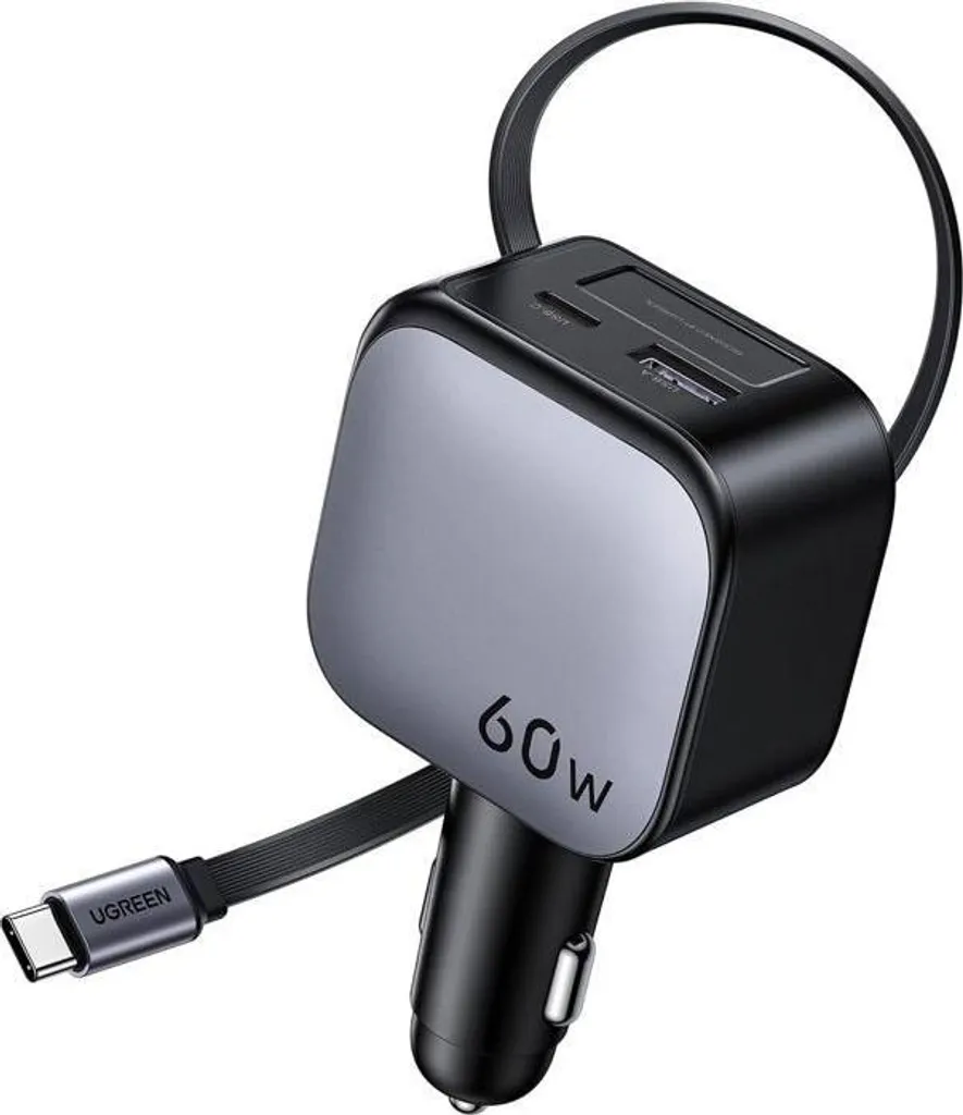 Caricabatteria da auto UGREEN 60W, USB-A + USB-C, versione retrattile, nero