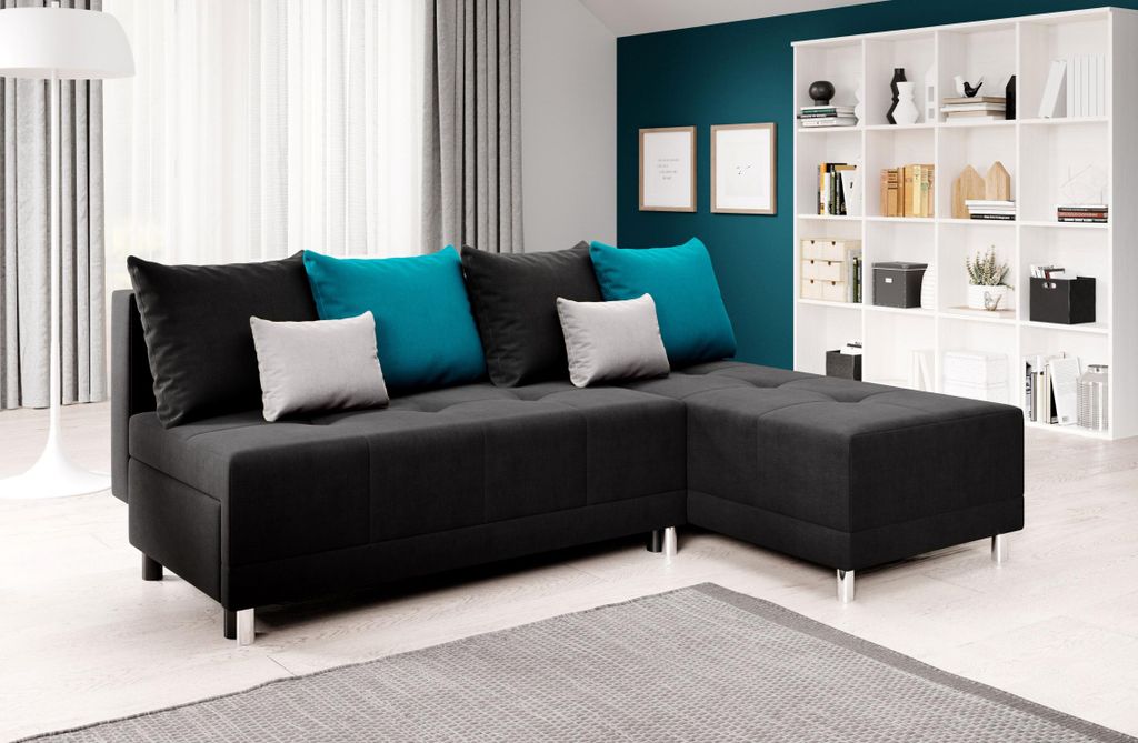 Eckschlafsofa LAVINIA - schwarz / blau / grau