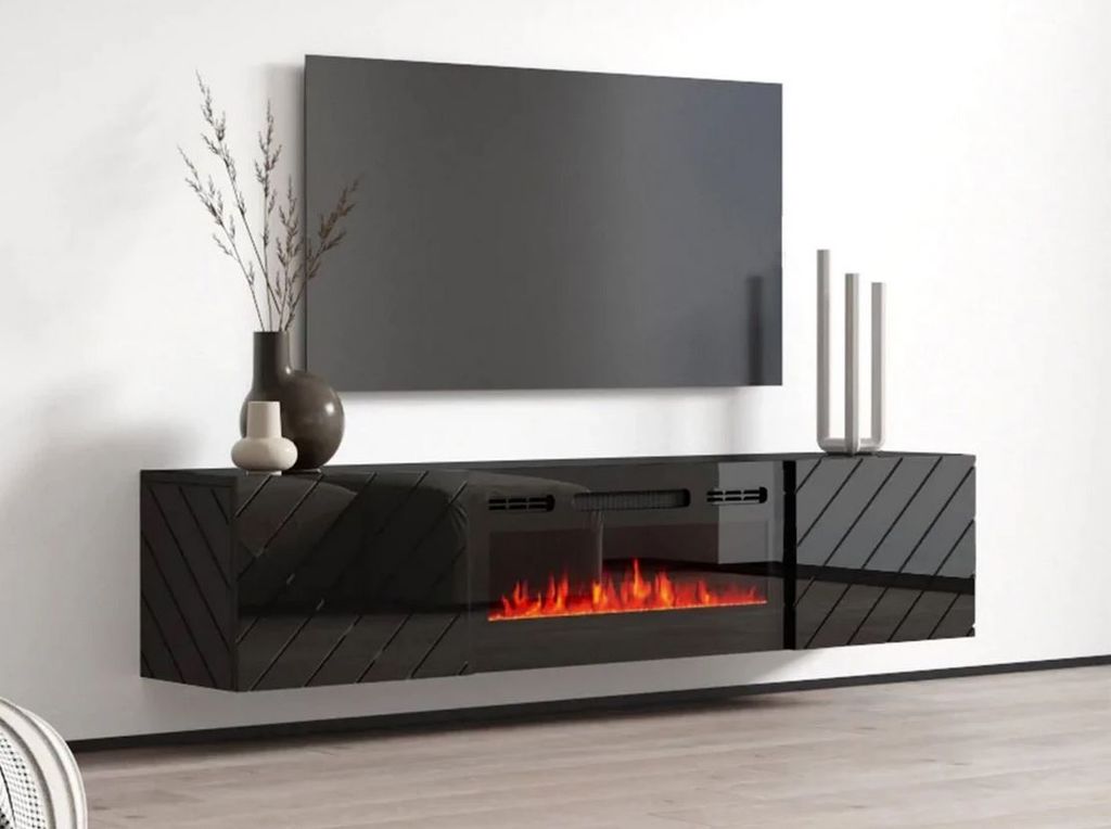 Závesný TV stolík s elektrickým krbom WANDER - čierny / Obrázok produktu 