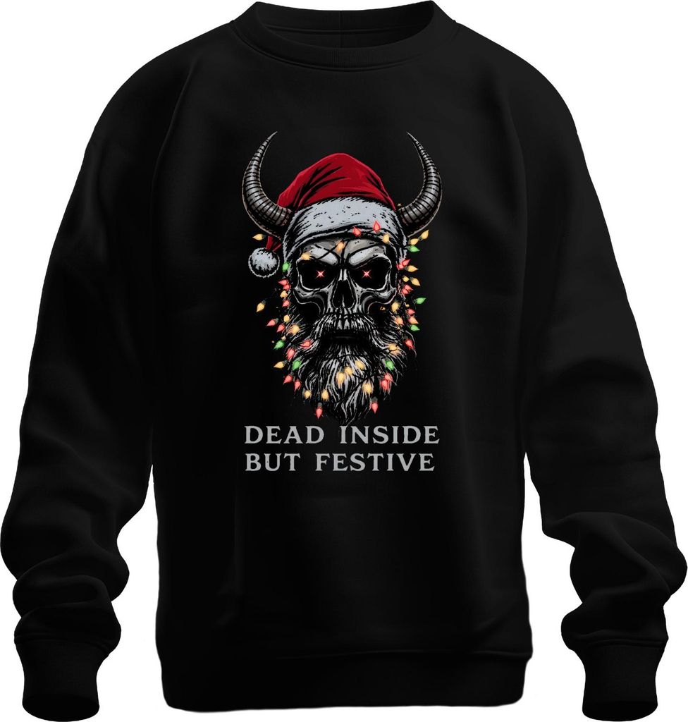 Dead Inside But Festive Totenkopf Hörner Lichter Bart Gothic Uni Sweatshirt Pullover, Schwarz, S