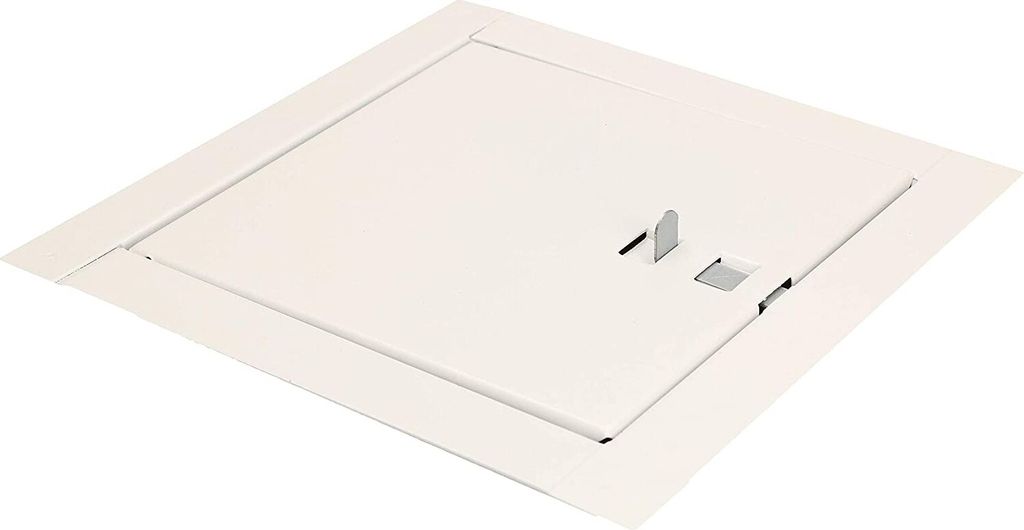 A white metal access panel with a hinged door and a latch mechanism.