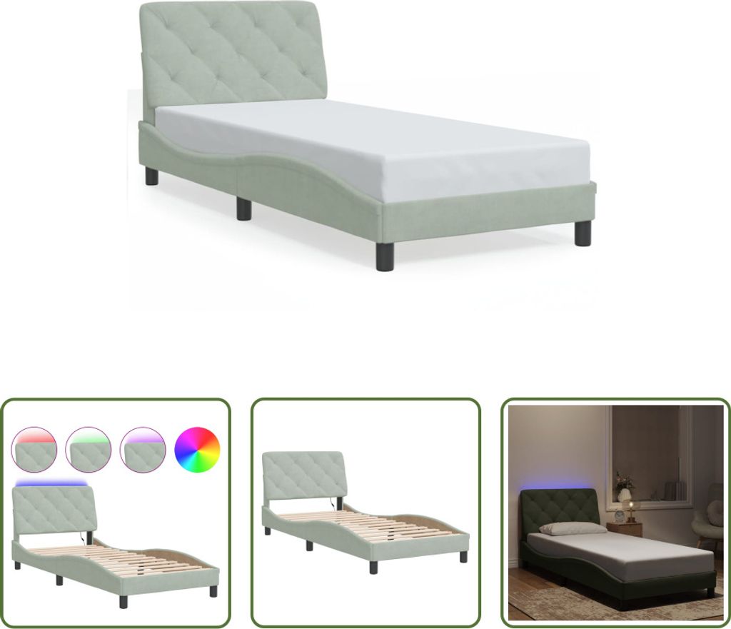 The Living Store Bettgestell mit LED-Leuchten Hellgrau 90x200 cm Samt
