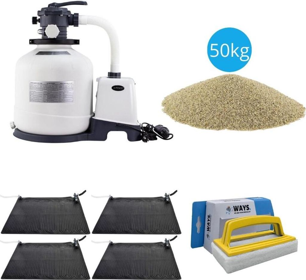 Intex - 4x Poolheizung & Sandfilterpumpe 3500 L/u & Filtersand 50 kg & WAYS Scheuerbürste