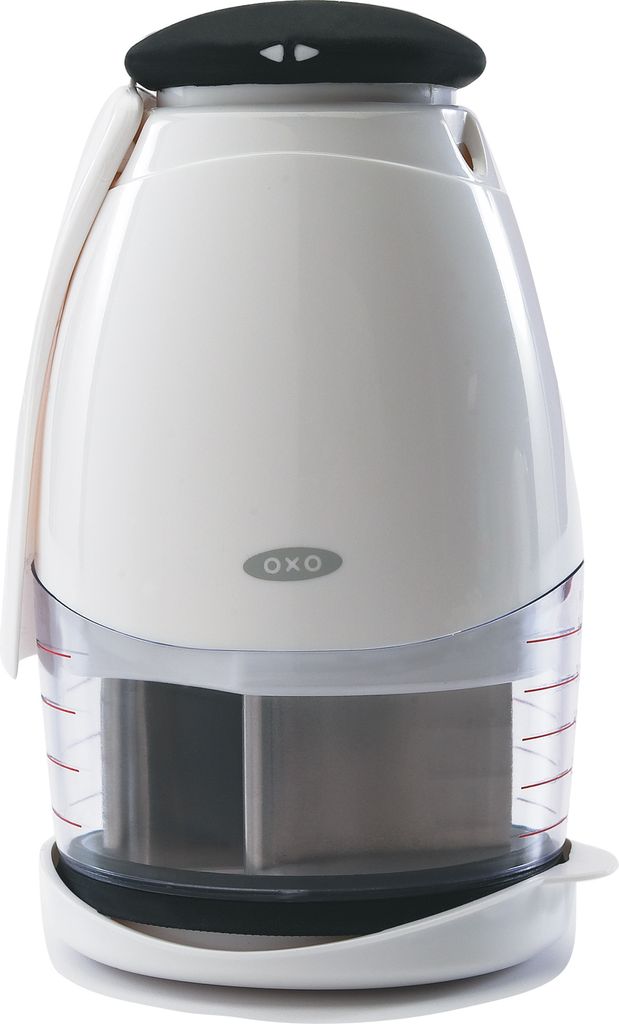 A white OXO Good Grips manual food chopper is shown against a white background.