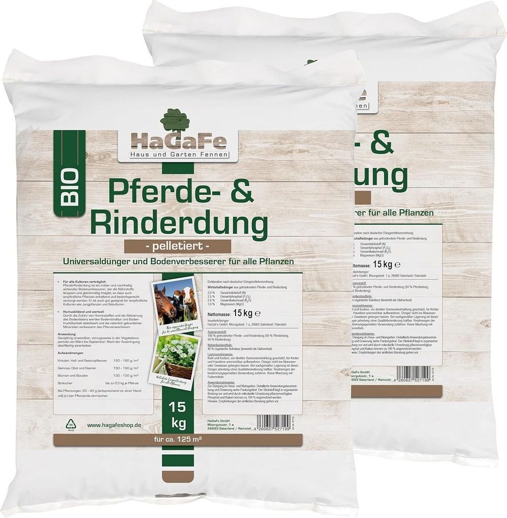 HaGaFe Pferdedung & Rinderdung Pferdemist Rindermist Organischer Universaldünger 30kg (2 x 15 kg)