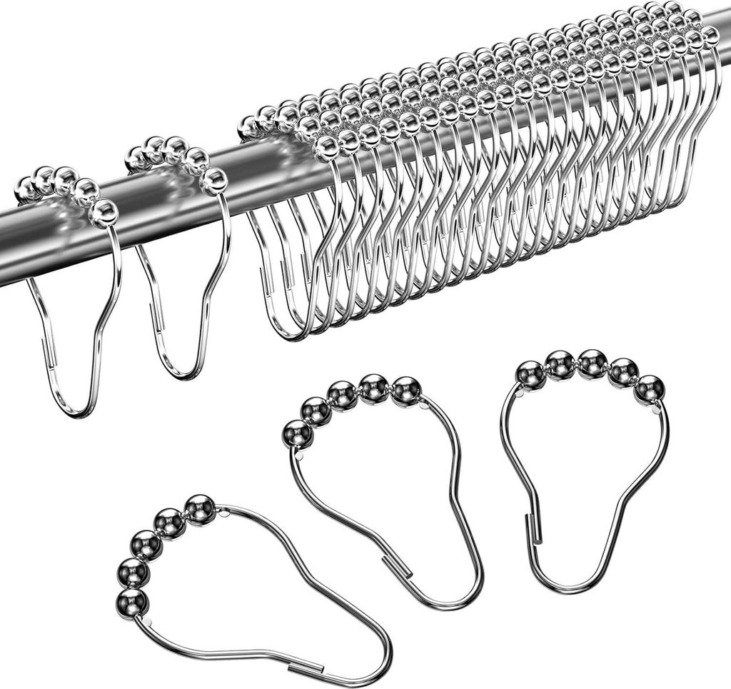 24 Stück Duschringe aus Edelstahl, Duschvorhanghaken mit Gleitsystem, Metallgleitkugeln für Duschvorhangstangen, Vorhänge (Silber)