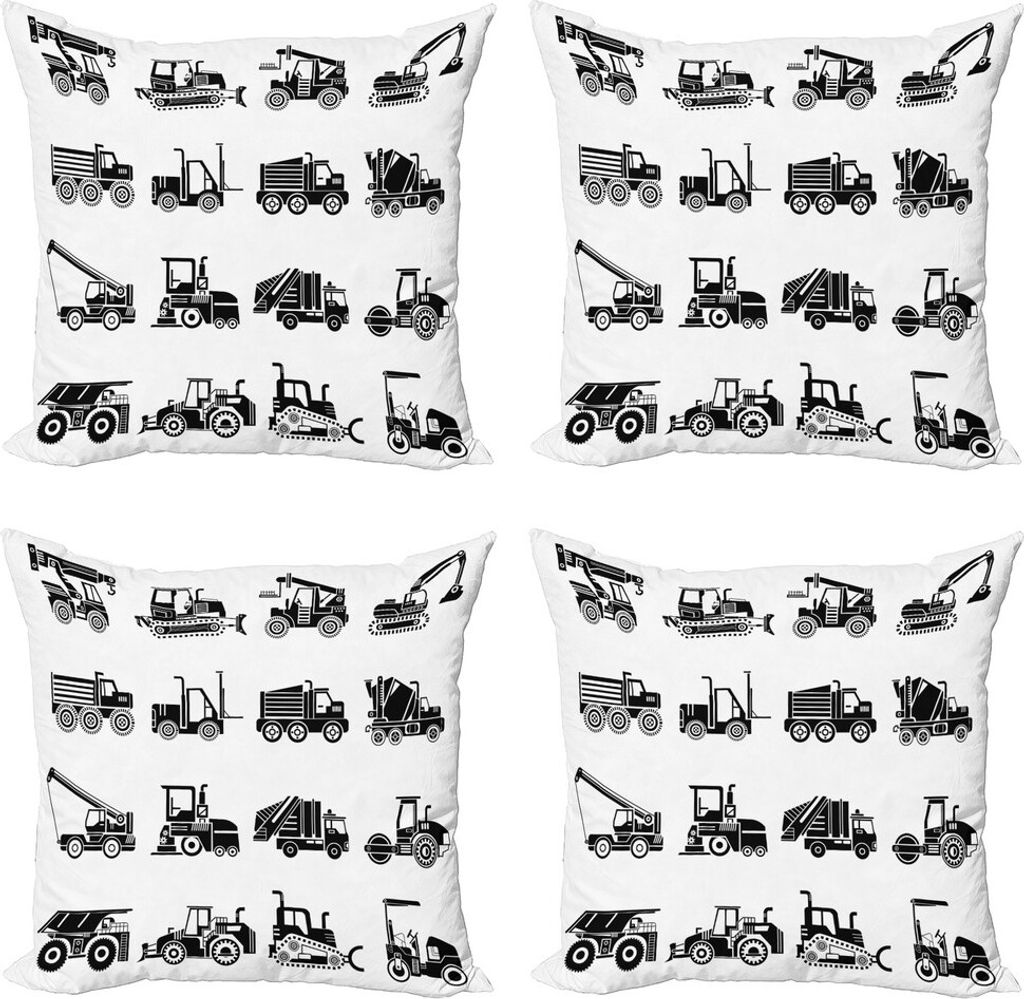 ABAKUHAUS Kindergarten Kissenbezug Set (4 Stück), Heavy Machinery Mining, Moderner Doppelseitiger Digitaldruck, 40 cm x 40 cm, Weiß schwarz