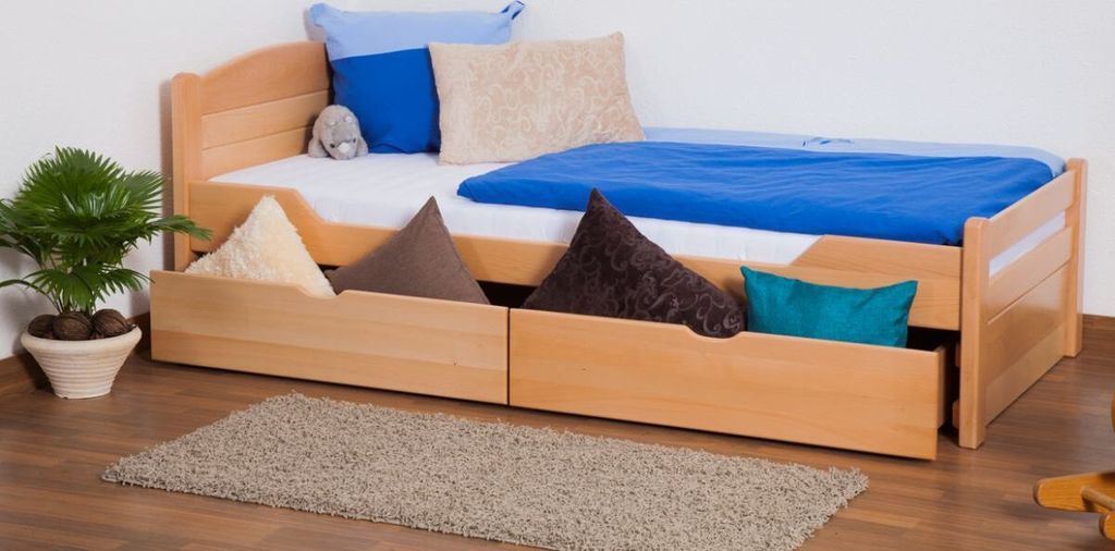 Bettrahmen für Kinder 90 x 200 cm | inkl. Stauraum / 2 Schubladen | Massivholz: Buche | Natur Lackiert | inkl. Lattenrost