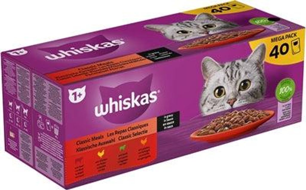 Whiskas Multipack Beutel Adult Classic Auswahl Fleisch in Soße – Nassfutter für Katzen