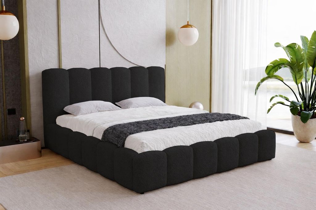 Doppelbett 200x200 cm Florent mit Bettkasten, Metall-Lattenrost - Bett Bouclé 200 x 200 cm, Schwarz (Lambi 13)