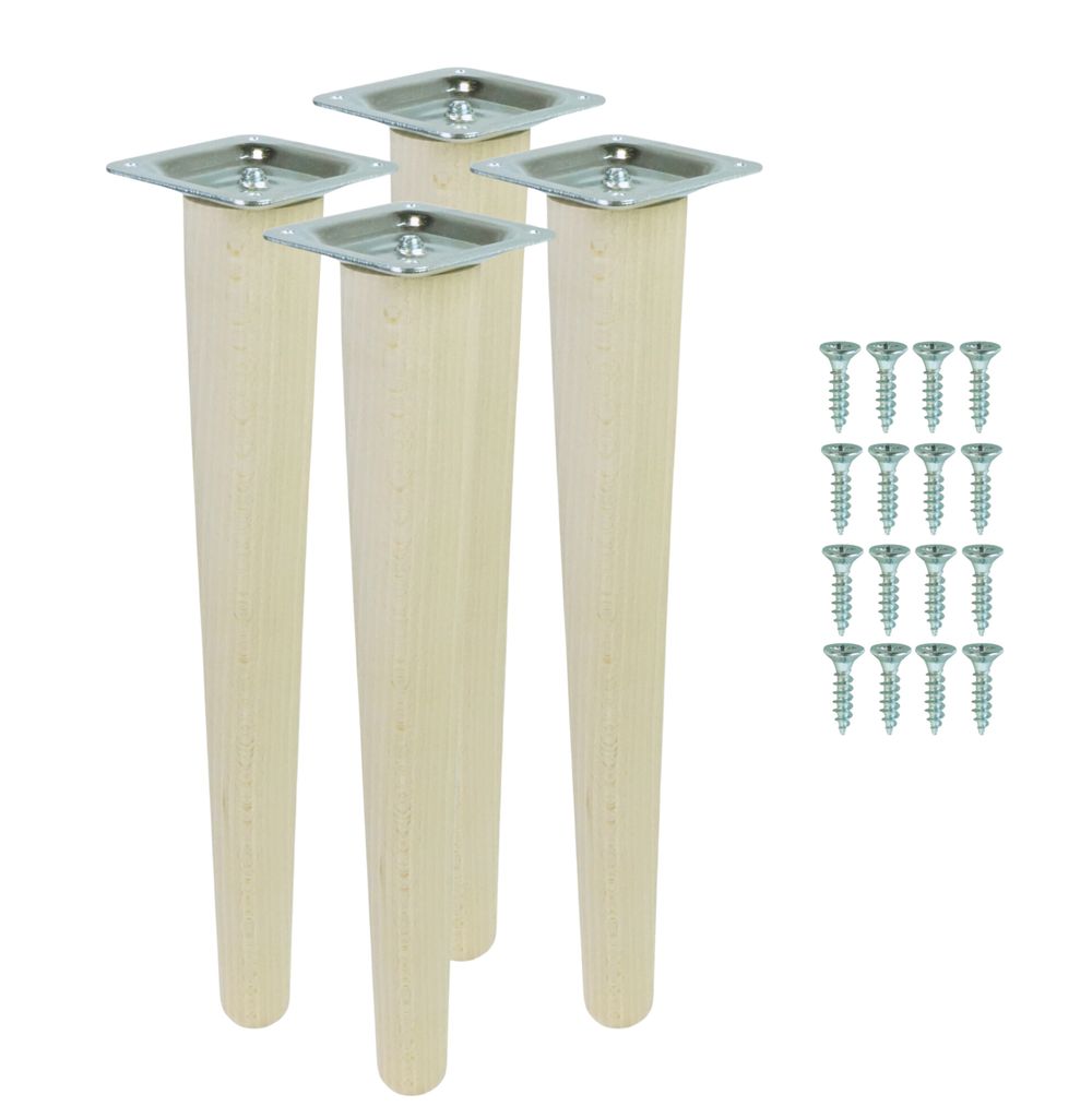 Four wooden furniture legs with metal mounting plates and a set of screws, all on a white background.