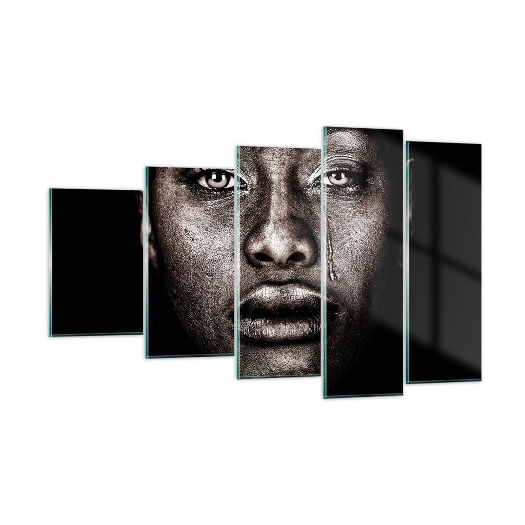 Bilder auf glas - 5 Teile - Schwarz Porträt Träne - 100x60cm - Glasbilder - Wandbilder - Bilder - zum Aufhängen bereit - Wanddekoration aus Glas...
