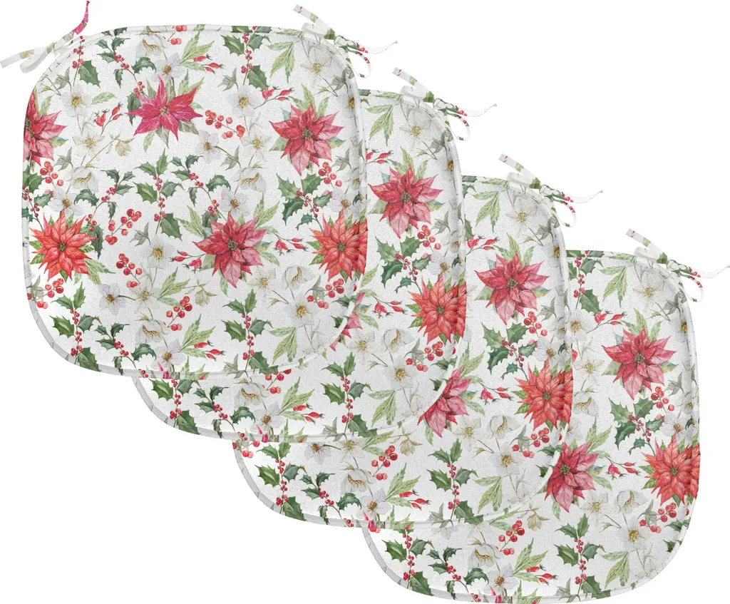 ABAKUHAUS Cuscini acquerellati per sedie da sala da pranzo, Poinsettia Rowan, cuscini decorativi impermeabili con cinturini per sedie da cucina, 40 cm x 40 cm, confezione da 4, verde vermiglio magenta