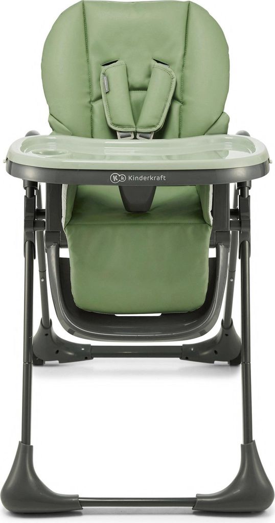 A green high chair with a tray and safety straps, shown from the front on a white background.