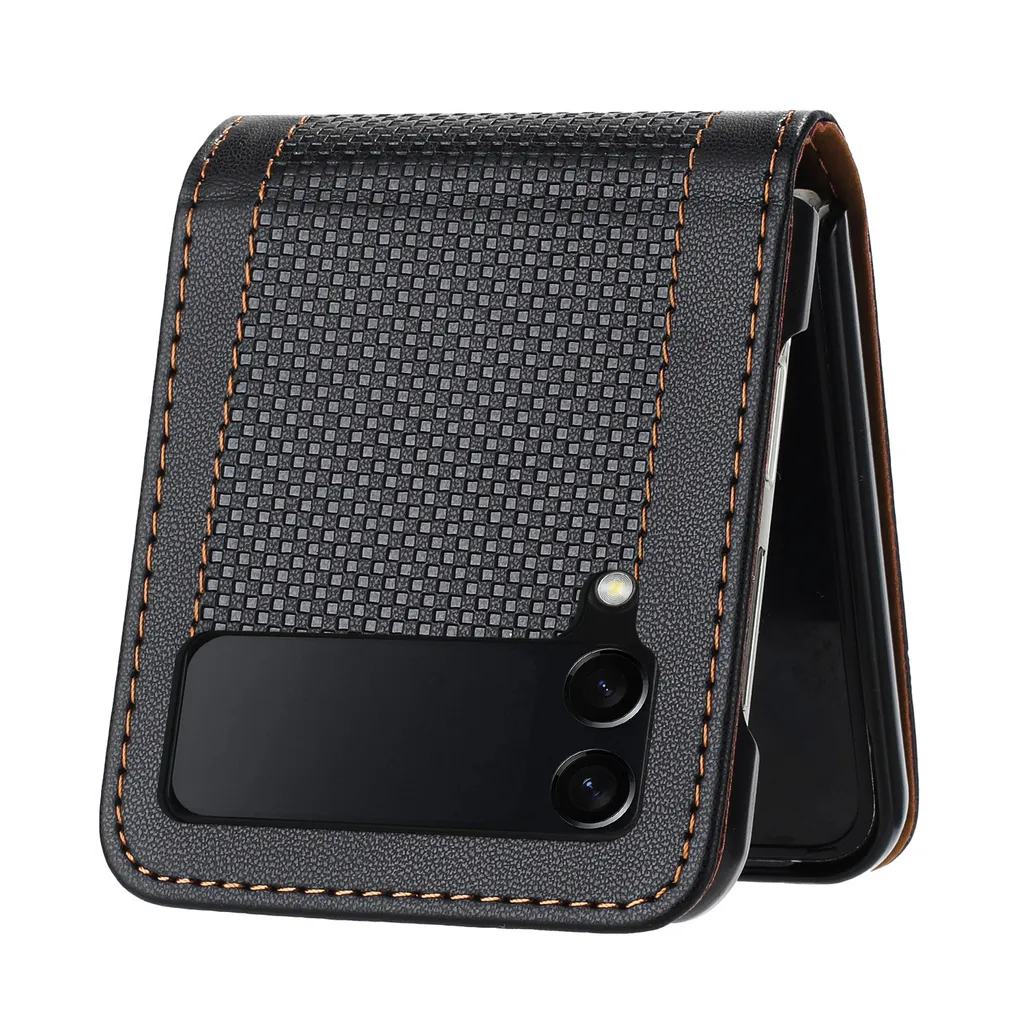 Custodia Protettiva Samsung Z Flip 4 Pelle Nera Stand Antiscivolo - 3