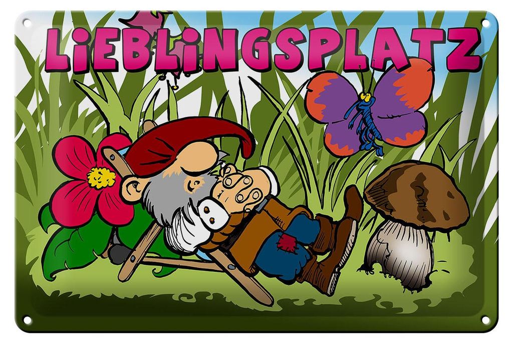 Blechschild Zwerg Lieblingsplatz Zwerg im Garten, 30 x 20 cm, Blechschilder Gnom, Wichtel, Zwerge